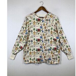 Christmas Holiday Fundamentally Cotton White Swan Womens M Cream Scrub Jacket